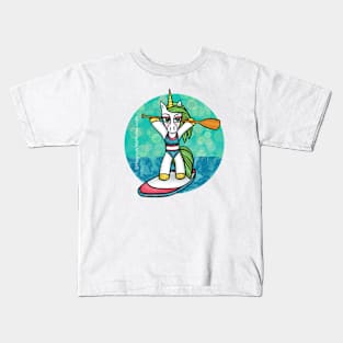 SUP Unicorn Blue on Paddleboard — Original Illustration Kids T-Shirt